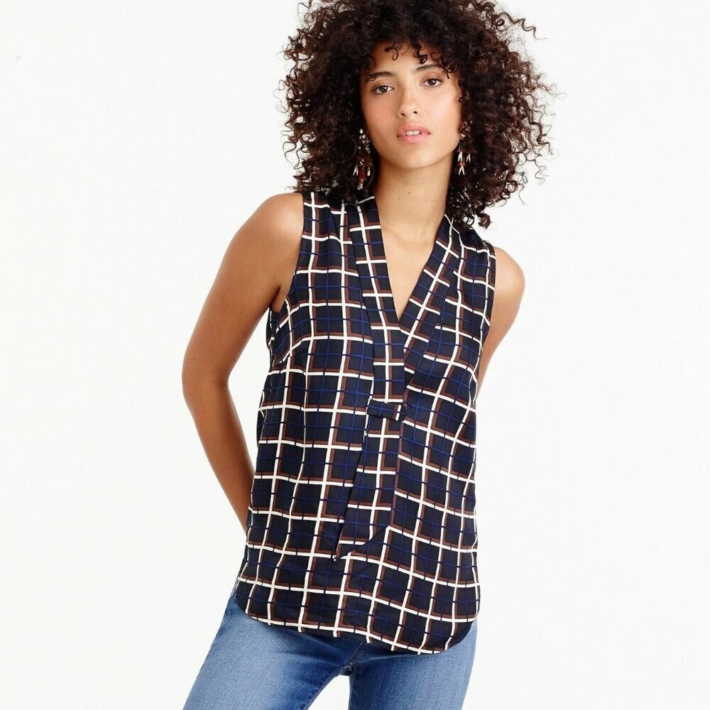 J. Crew Navy Blue Brown White Windowpane Plaid Silk Sleeveless Top